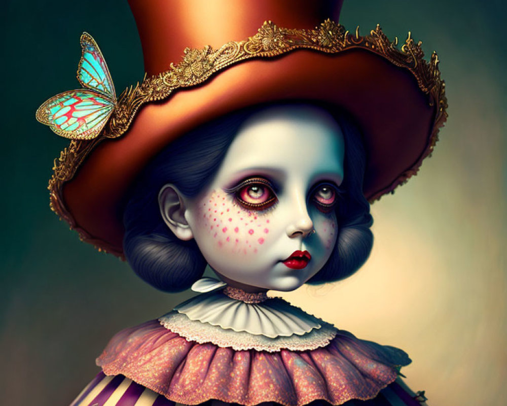 Surreal portrait of child with oversized hat and butterfly