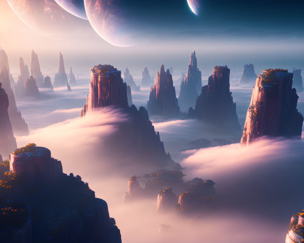 Majestic alien rock formations under celestial sky