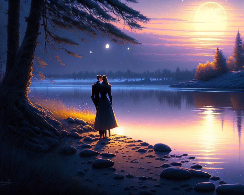 Romantic couple embraces by serene lake under twilight sky.