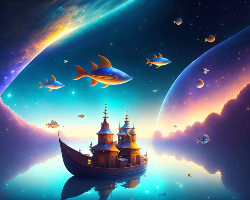 Fish swimming around wooden ship with oriental architecture in cosmic scene.