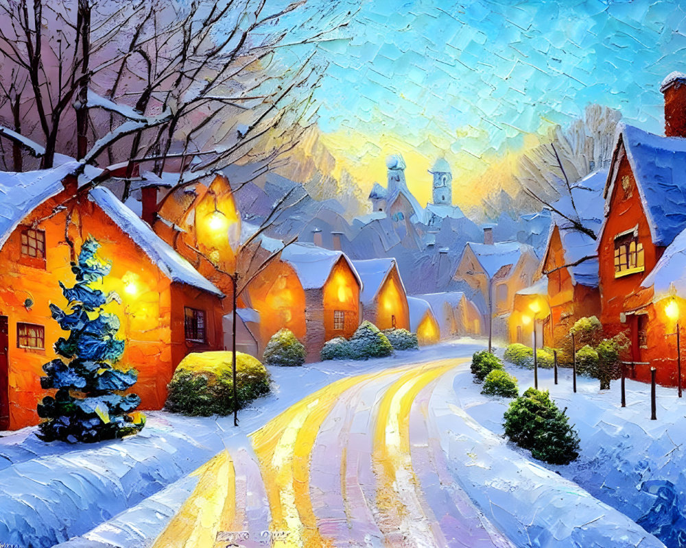 Snowy Village Scene: Warmly Lit Houses, Blue Christmas Tree, Clear Path