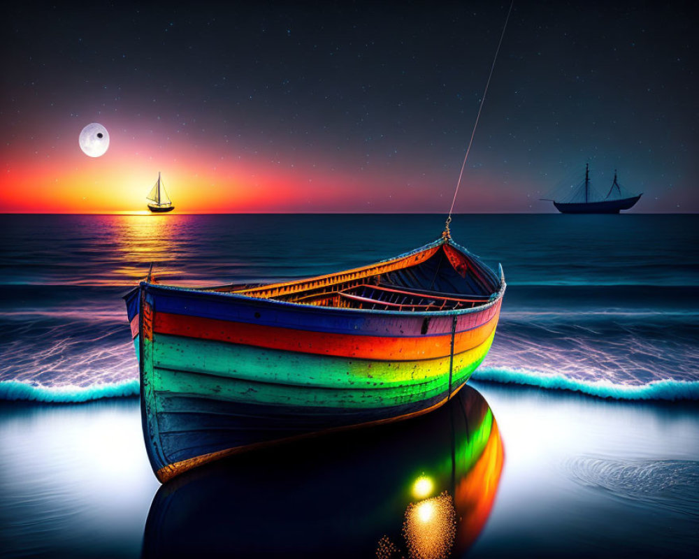 Vibrant boat with glowing reflection on beach at twilight