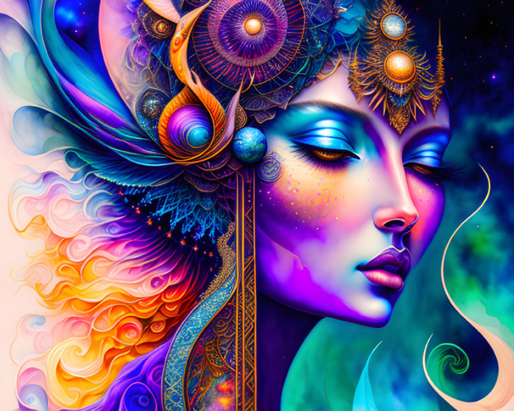 Colorful digital artwork of a woman with cosmic headdress in vibrant swirls.