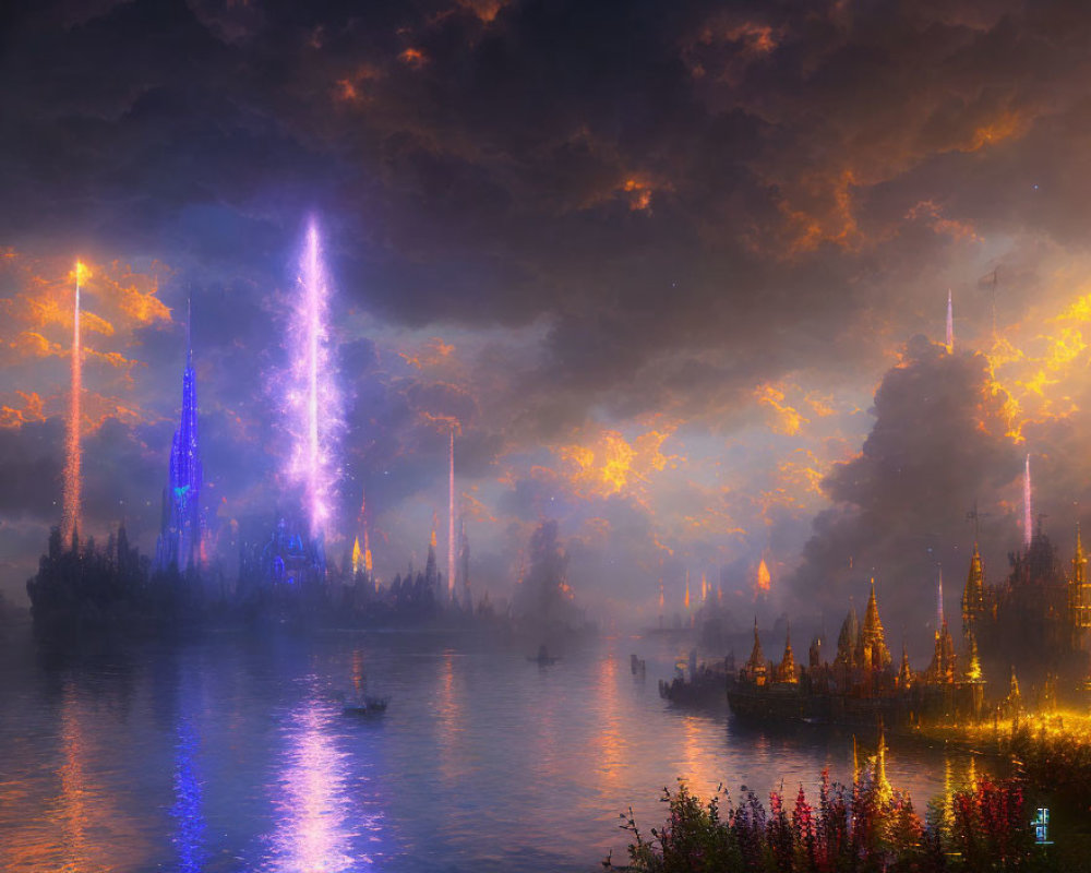 Mystical cityscape at dusk with towering spires and radiant light reflected on water under dramatic sky