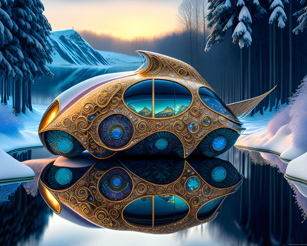 Futuristic ornate vehicle parked by icy lake at sunset