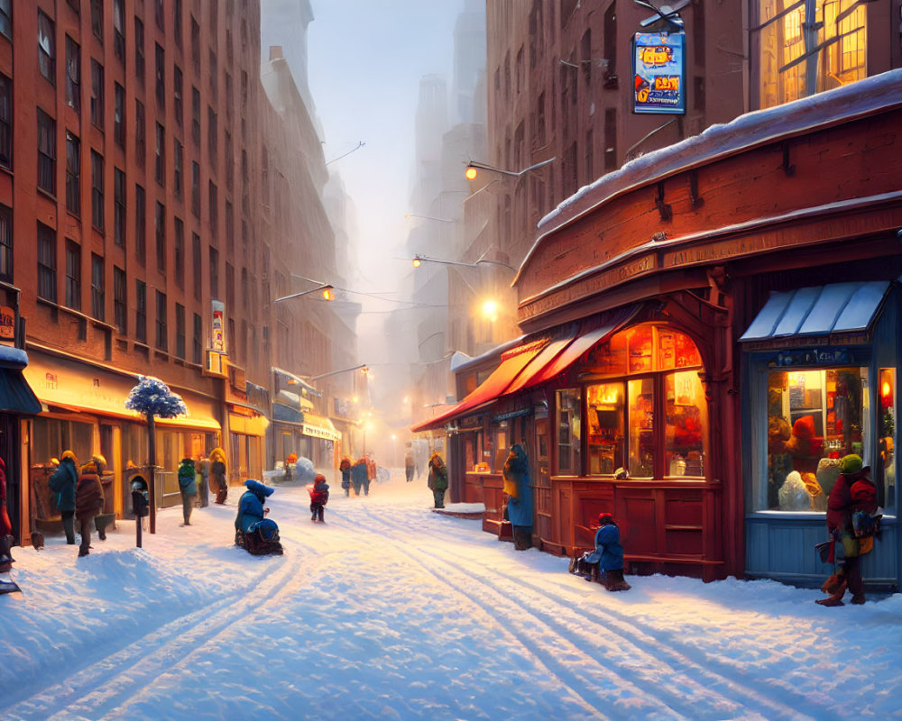 Snowy City Street at Dusk with Glowing Shop Windows and People