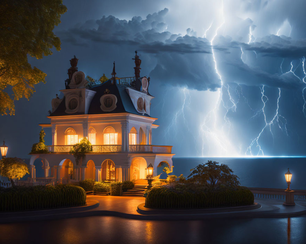 Nighttime Mansion with Lightning Strikes and Dark Clouds