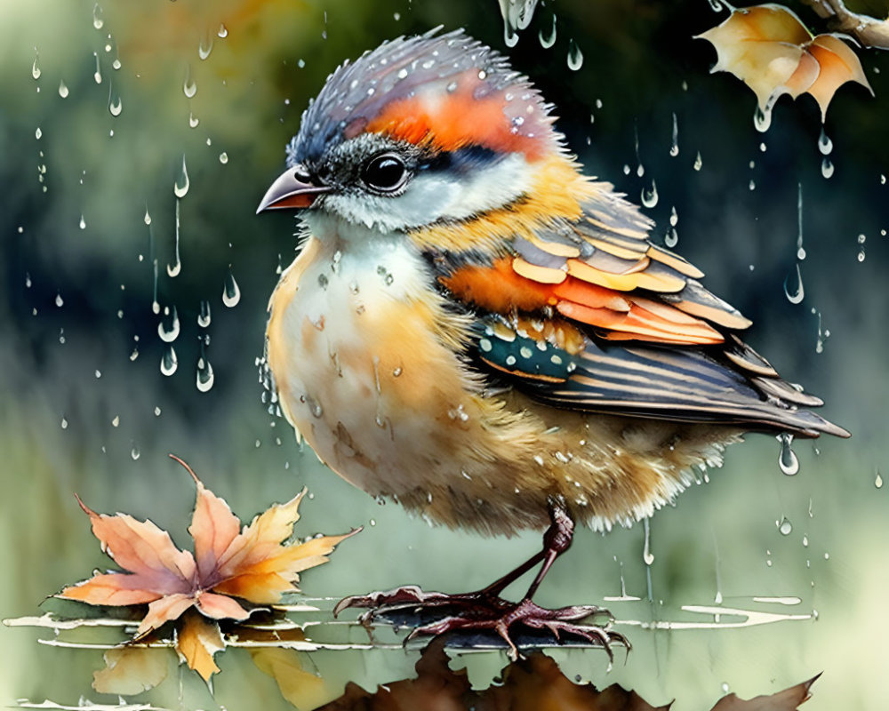 Vibrant bird illustration with raindrops on autumn branch.