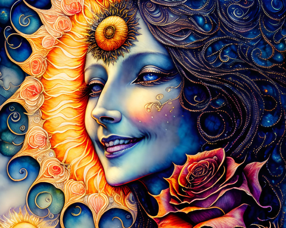 Colorful artwork: Woman's face with sun, rose, and cosmic motifs