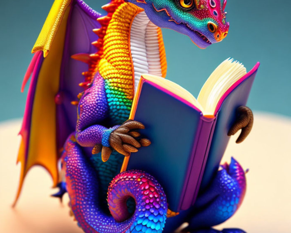 Colorful Dragon Reading Book with Purple, Yellow, and Red Shades