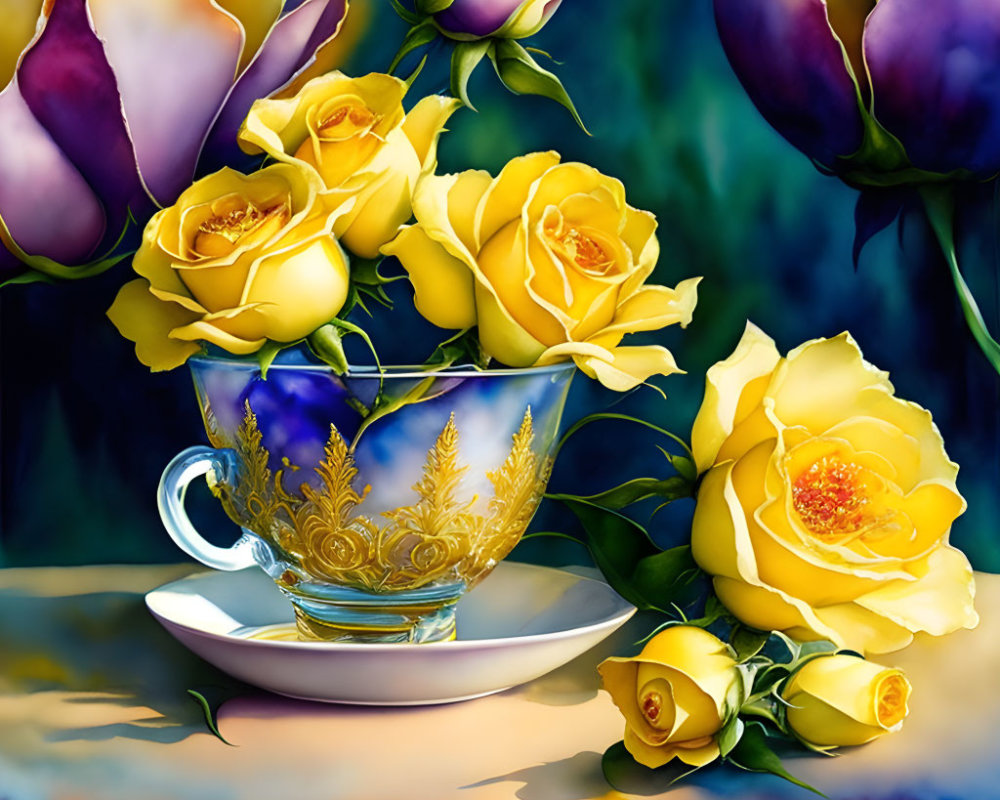 Colorful painting of yellow roses in ornate teacup with purple flowers and bokeh background.