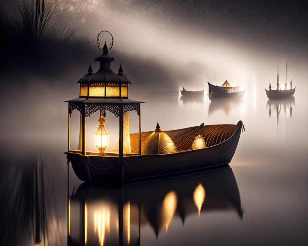 Traditional boat with lit lanterns on misty lake under starry sky