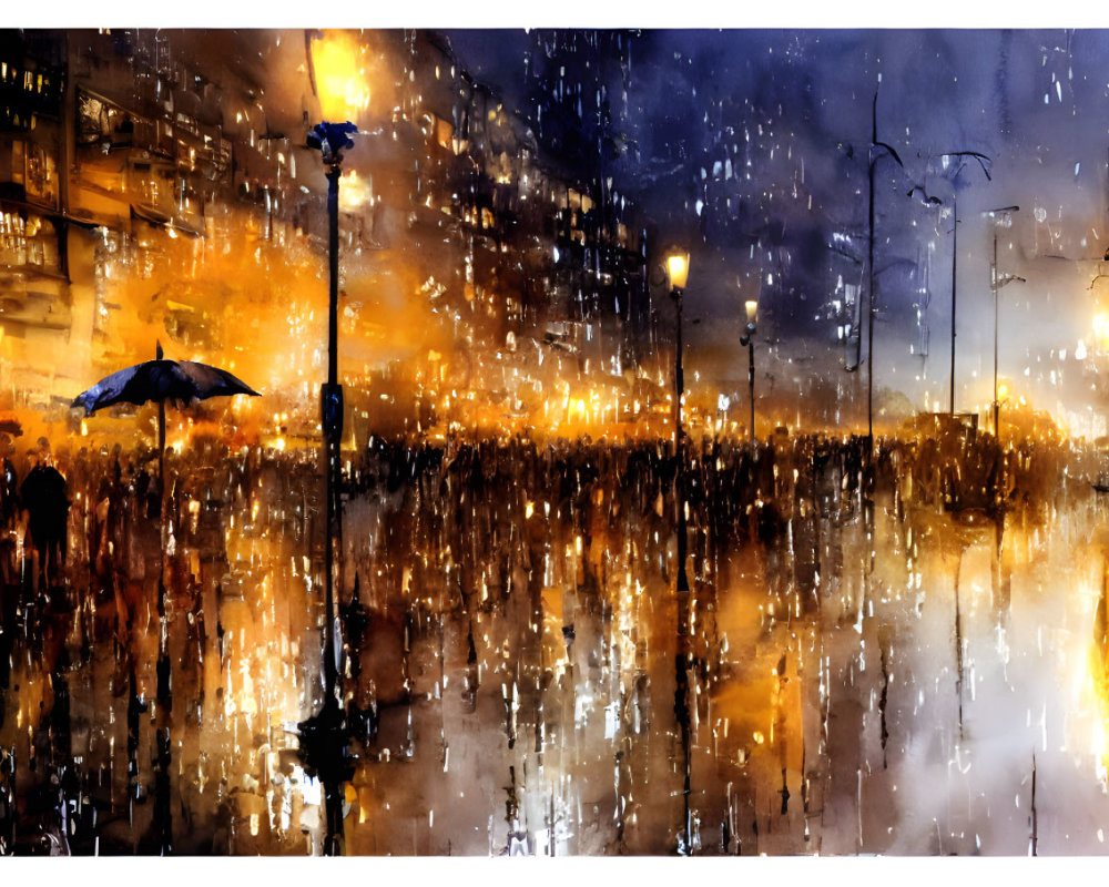 Abstract painting of a night street scene with reflections and umbrella