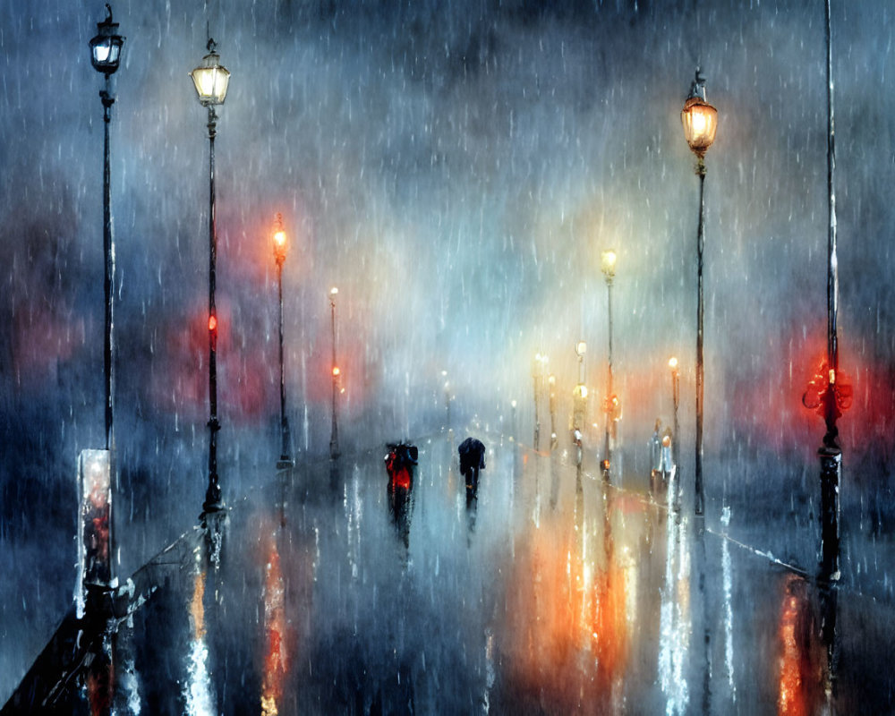 Rainy Evening: Street Lamps, Umbrellas, and Wet Pavement Reflections