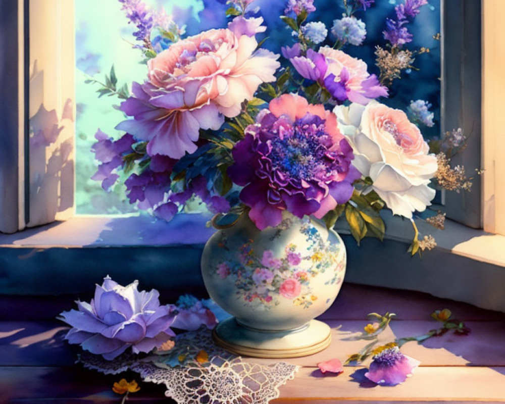 Colorful bouquet of pink and purple flowers in a vase on a windowsill with sunlight and scattered petals