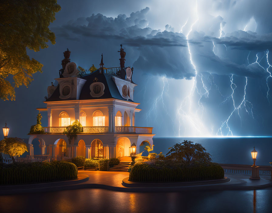 Nighttime Mansion with Lightning Strikes and Dark Clouds