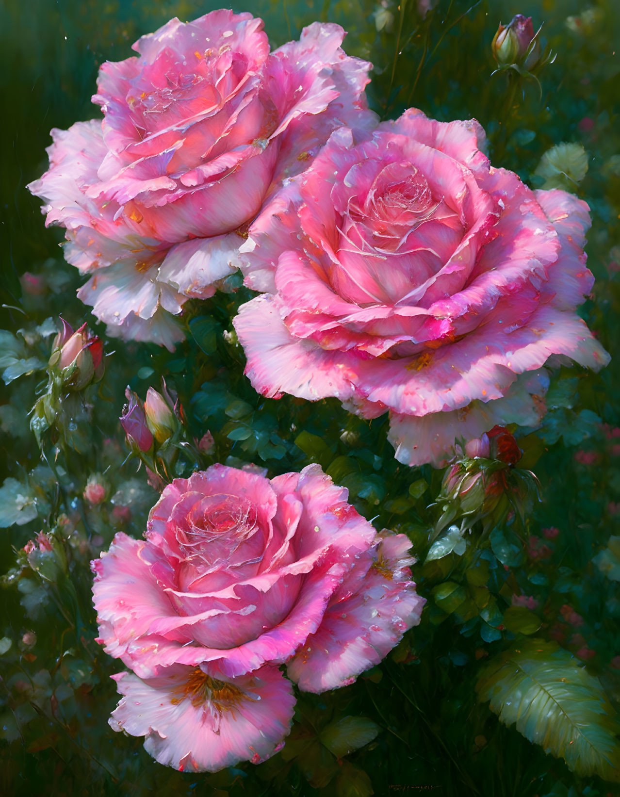 Three pink-edged white roses with green leaves and buds on blurred background