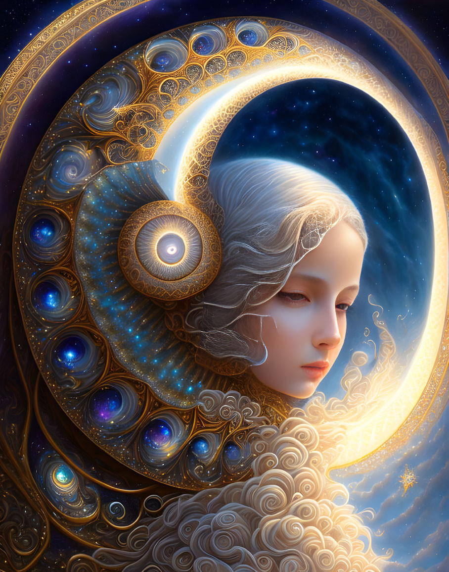 Pale-skinned female figure with white hair in golden spiral and crescent moon setting.