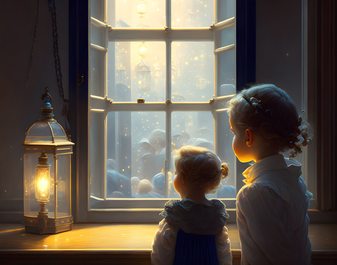 Children watching glowing butterflies at night through a window with lantern light.