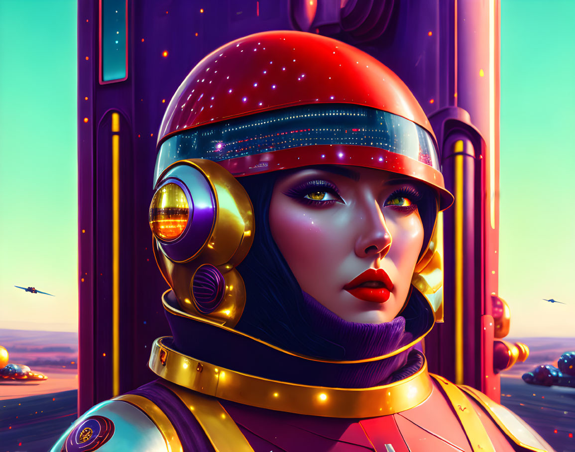 Futuristic helmet woman in vibrant cityscape with flying vehicles