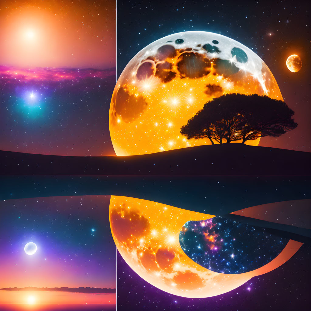 Cosmic Collage with Starry Skies, Celestial Bodies, Tree, Planets, and