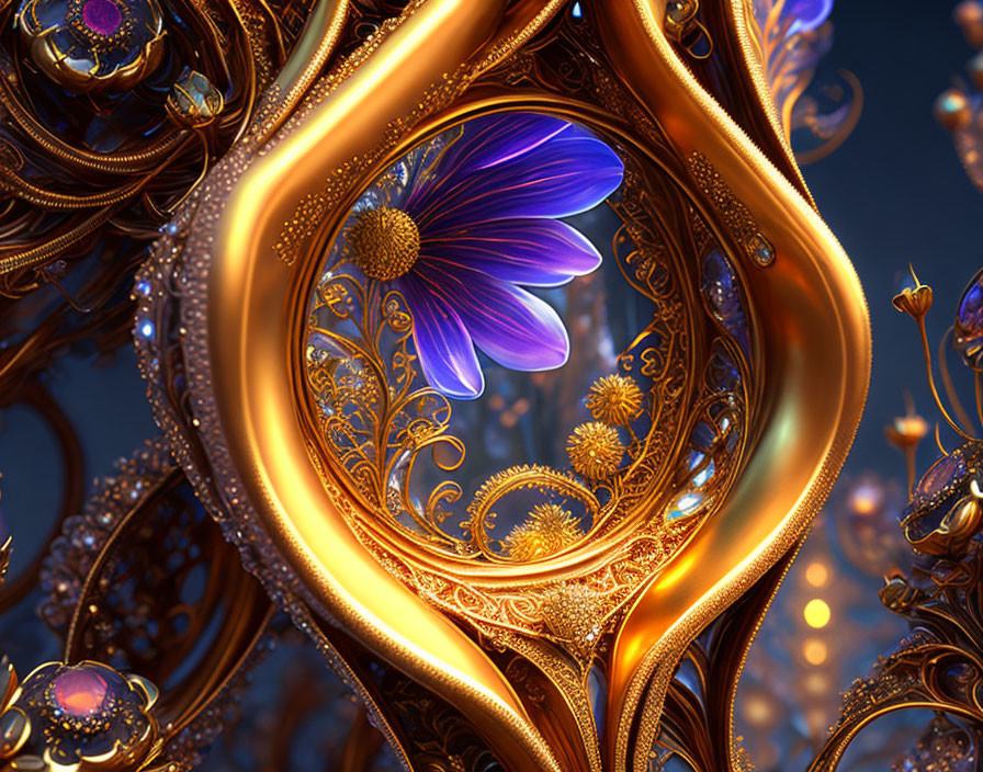 Digitally-rendered image of ornate golden frame with vibrant blue flower on dark bokeh background