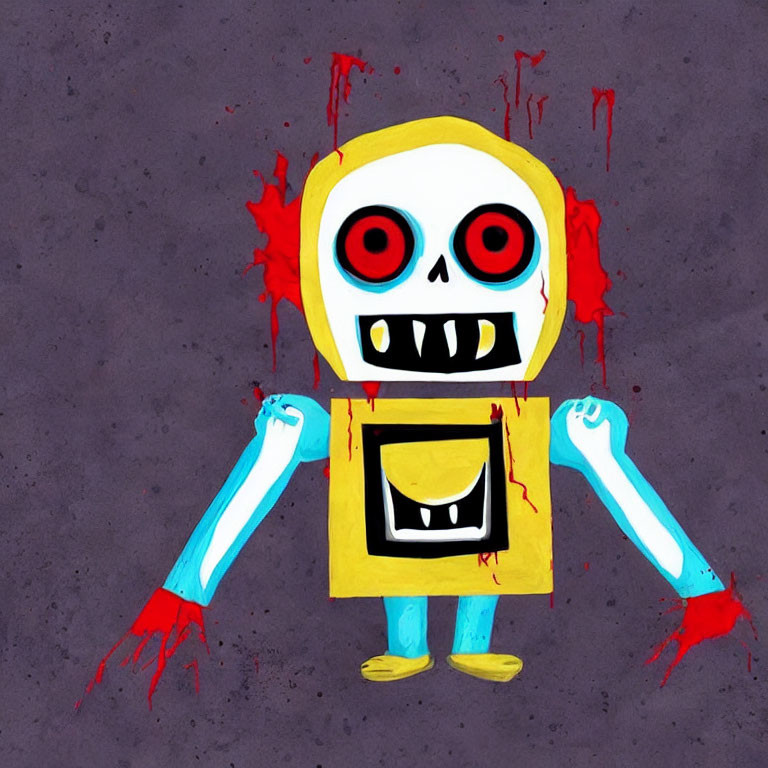 Yellow square-headed cartoon character with red eyes and bloody hands on grey background
