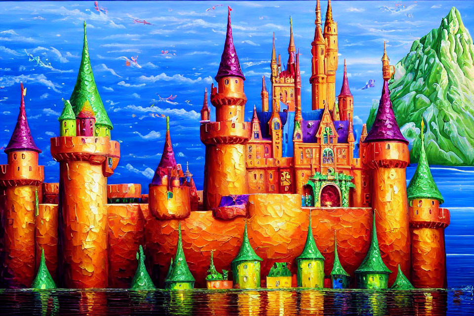 Fantasy castle painting with colorful spires against blue sky