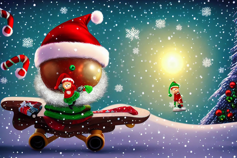 Whimsical Christmas scene featuring Santa-hat robot, snow globe, elves, sled, and snow