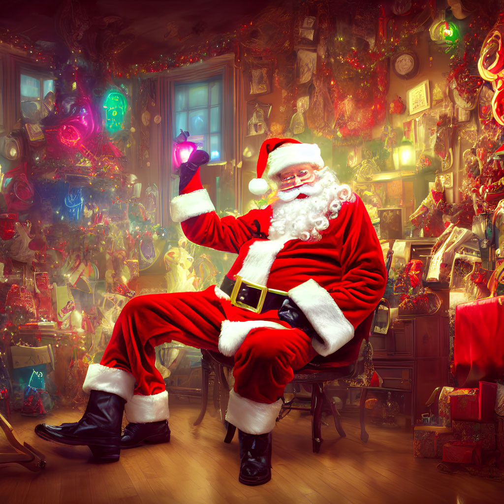 Santa Claus in Festive Room with Heart Ornament