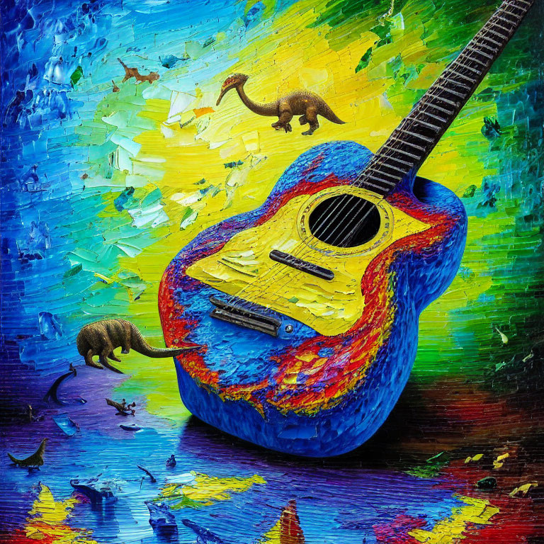 Colorful painting of blue and red guitar with dinosaurs on abstract background