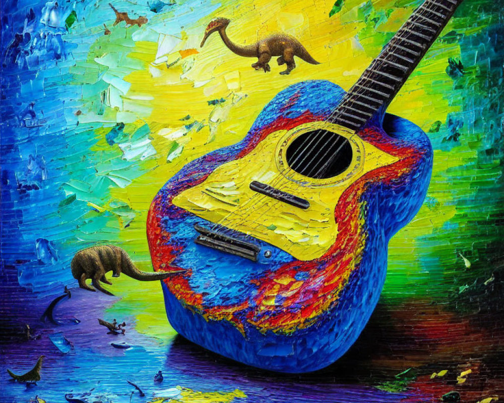 Colorful painting of blue and red guitar with dinosaurs on abstract background