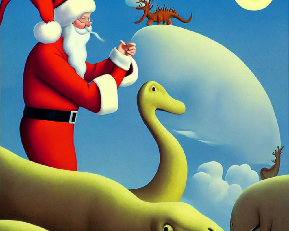 Santa Claus on dinosaur under full moon with smaller dinosaur and reindeer