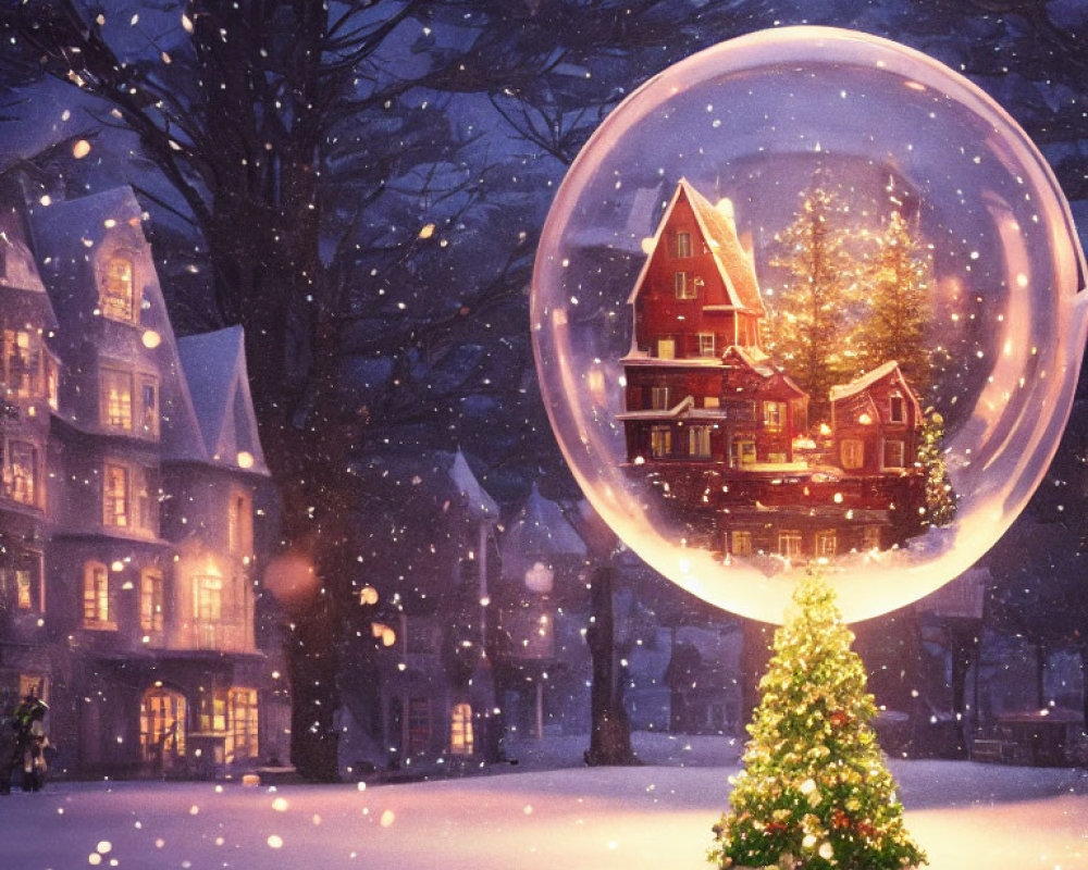Snow globe with lit house and Christmas tree in snowy twilight scene