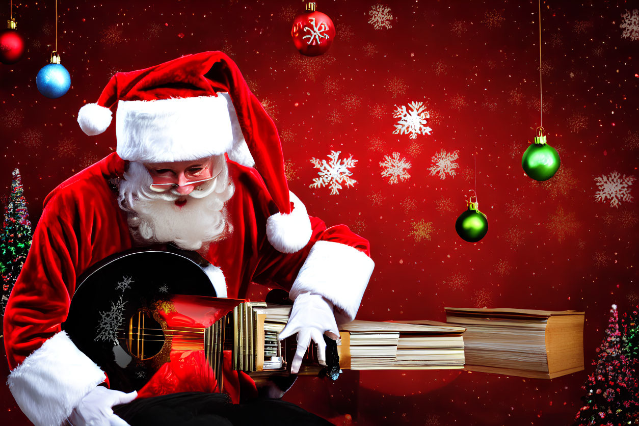 Santa Claus Impersonator Playing Guitar with Christmas Ornaments and Snowflakes