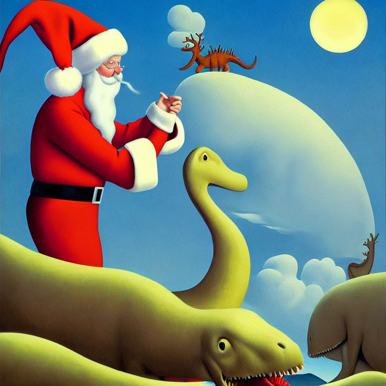 Santa Claus on dinosaur under full moon with smaller dinosaur and reindeer