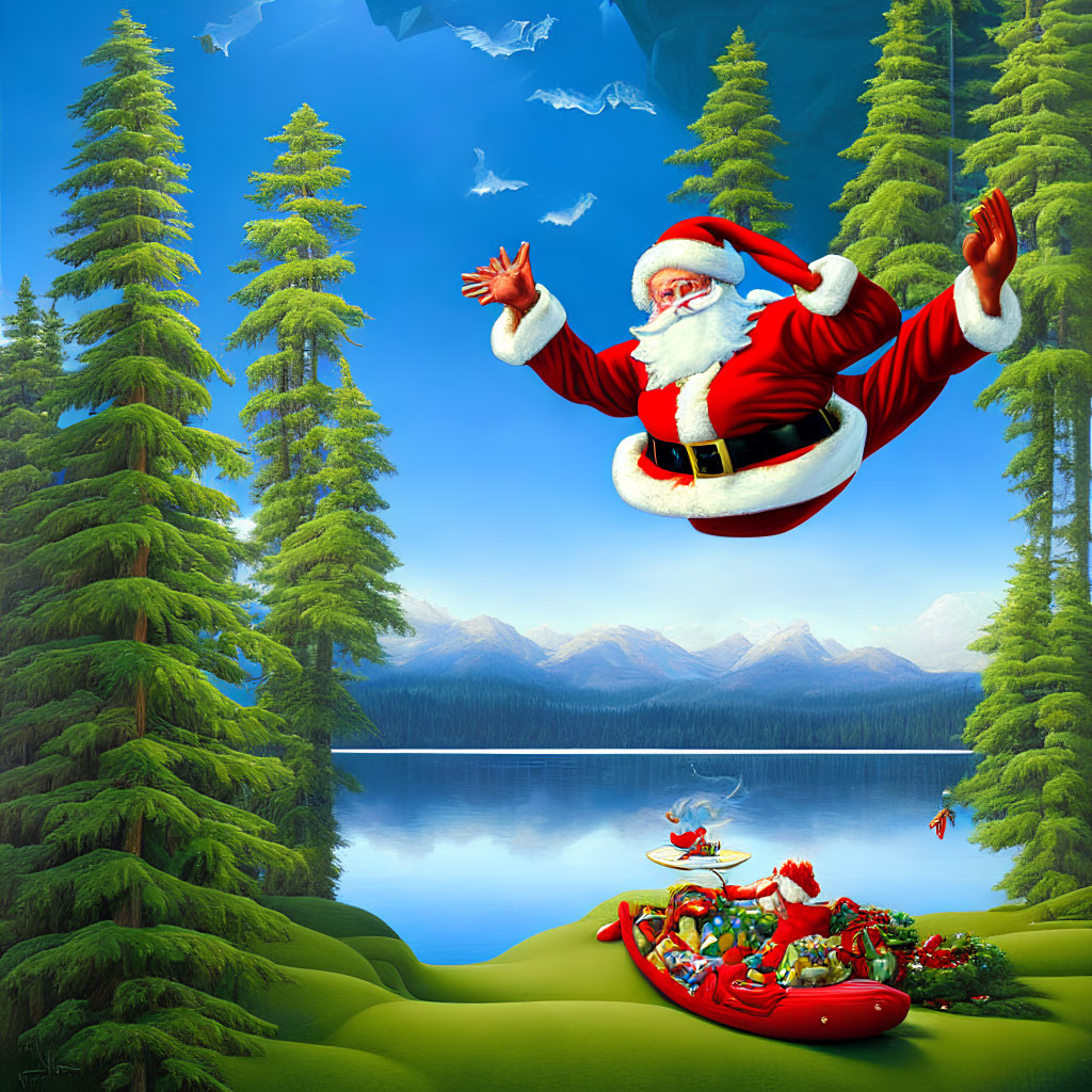 Santa Claus Parachuting into Forested Lakeside Scene with Sunny Day Reindeers Below
