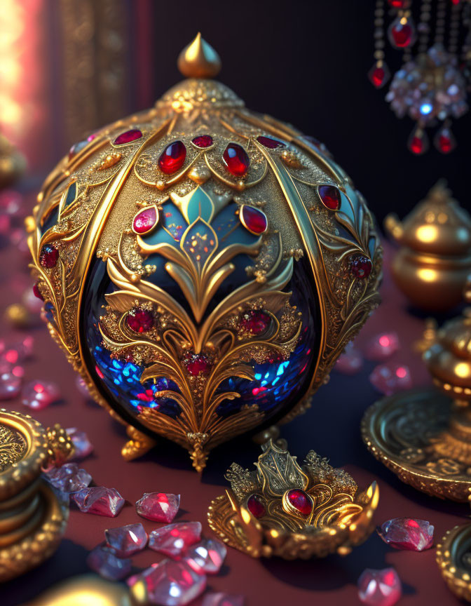 Golden jeweled egg with intricate patterns on red surface