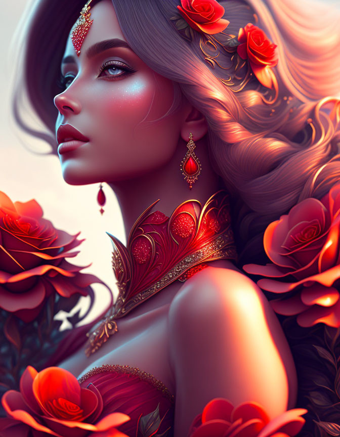 Digital Artwork: Woman with Flowing Hair and Roses, Red Jewelry