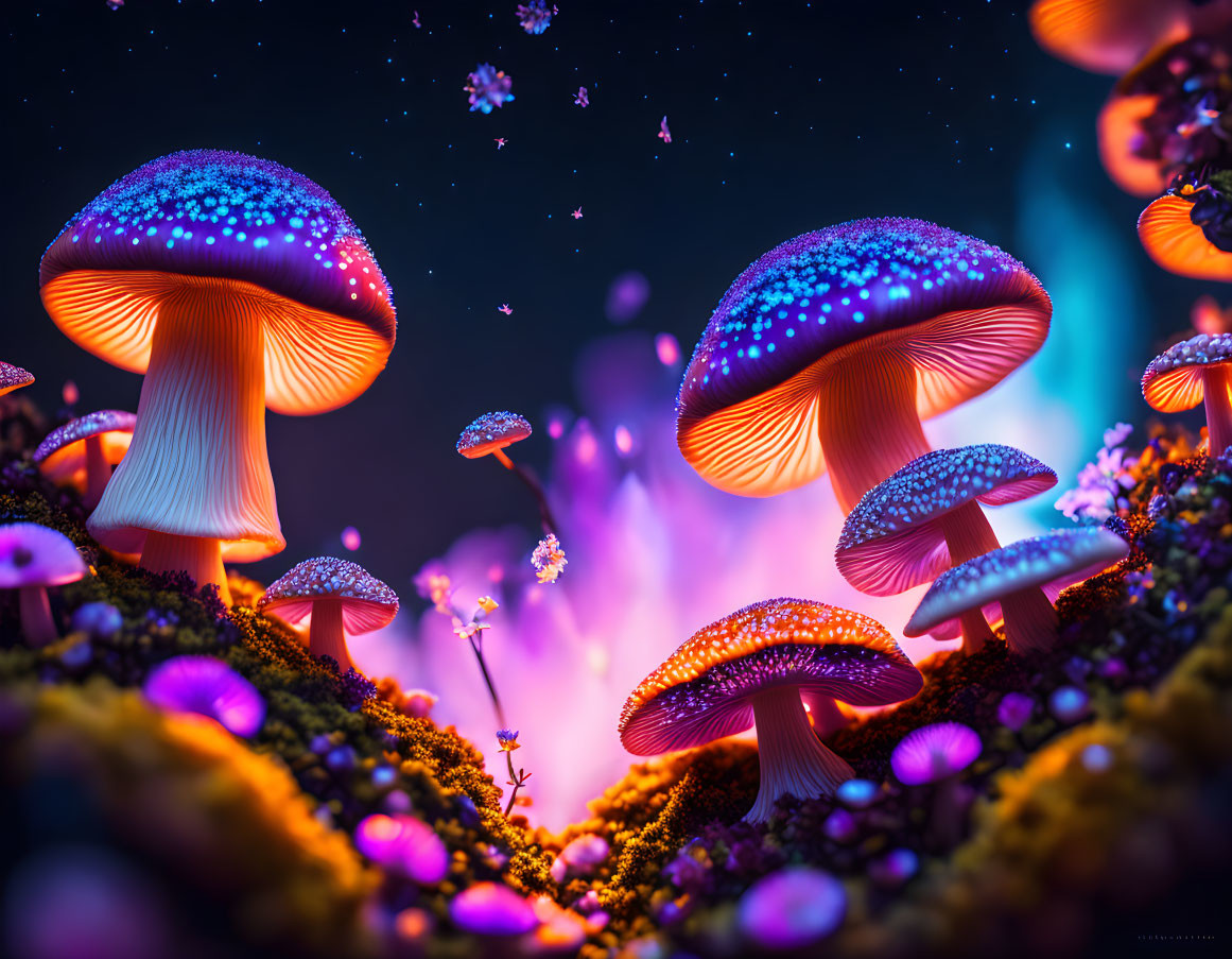 Bioluminescent Mushroom Digital Art in Mystical Forest