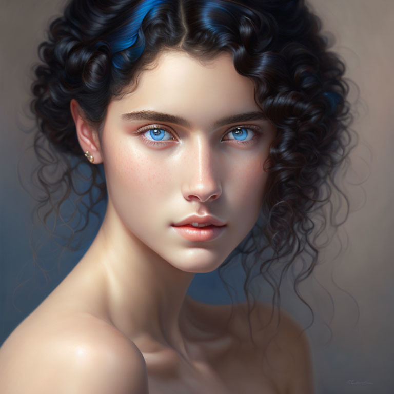 Portrait of young woman with blue eyes, curly hair, and subtle blue highlight