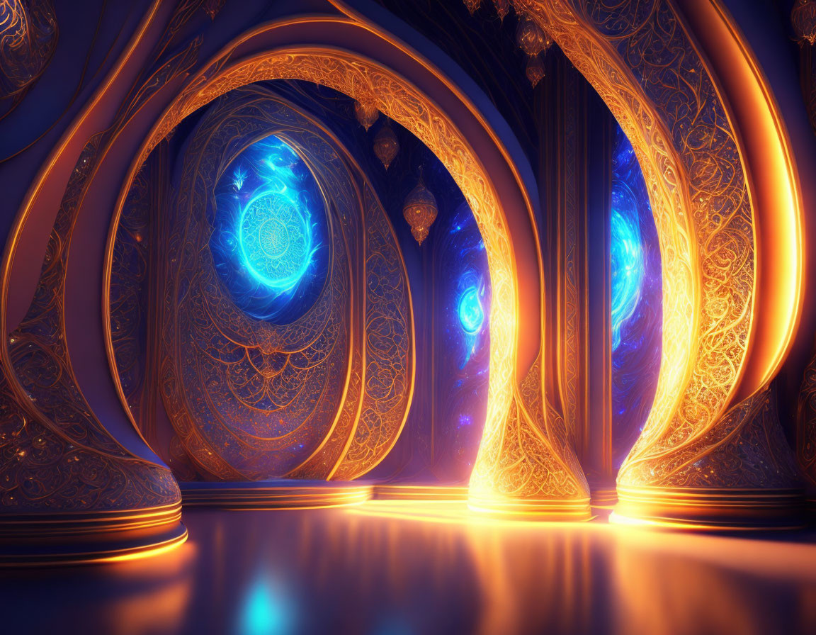 Intricate golden patterns in a glowing, mystical hallway