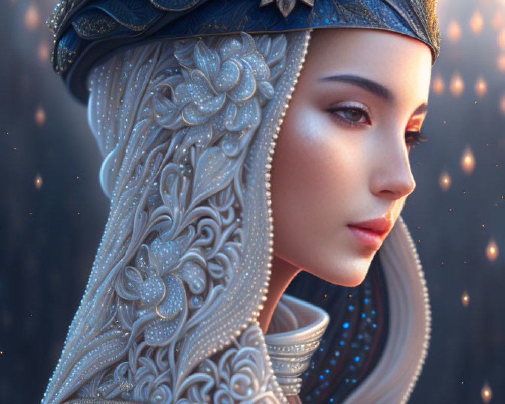 Detailed digital portrait of woman in ornate attire against soft light