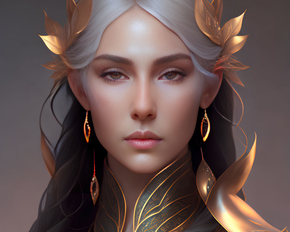 Fantasy female character with silver hair and golden leaf adornments