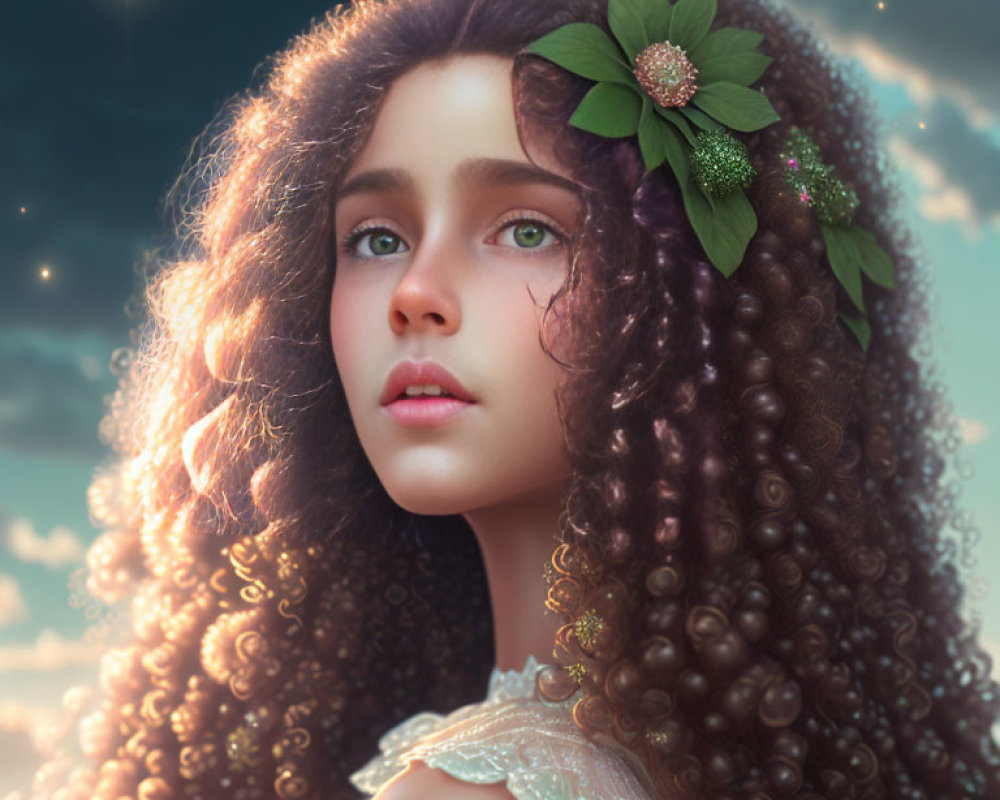 Young girl with curly hair and green flower in digital artwork