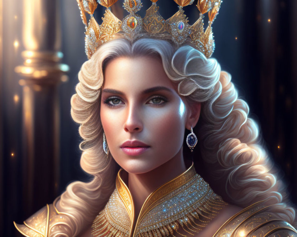 Regal woman with golden crown, green eyes, and blonde hair
