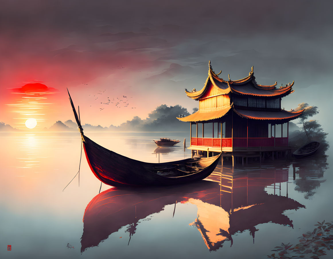 Asian Pagoda at Sunset Reflecting in Calm Water