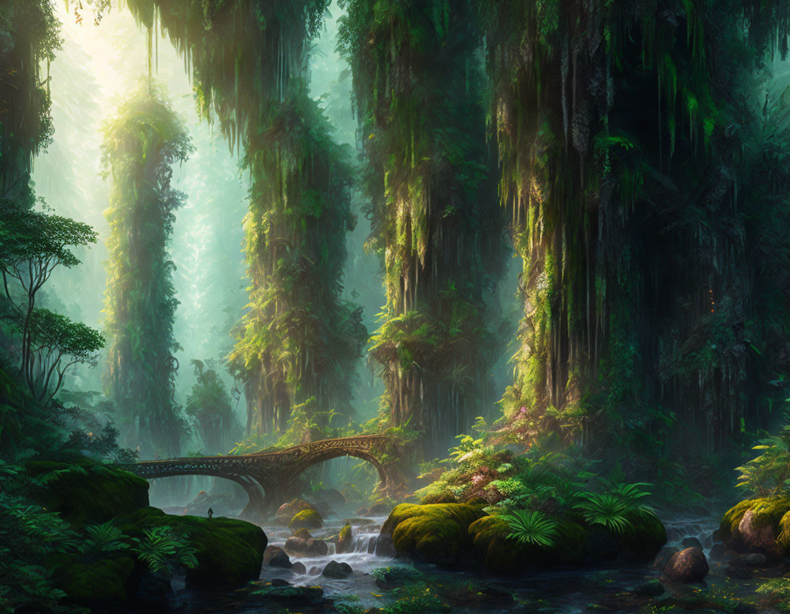 Enchanting forest scene with moss-covered trees, stone bridge, and sunlight filtering through canopy