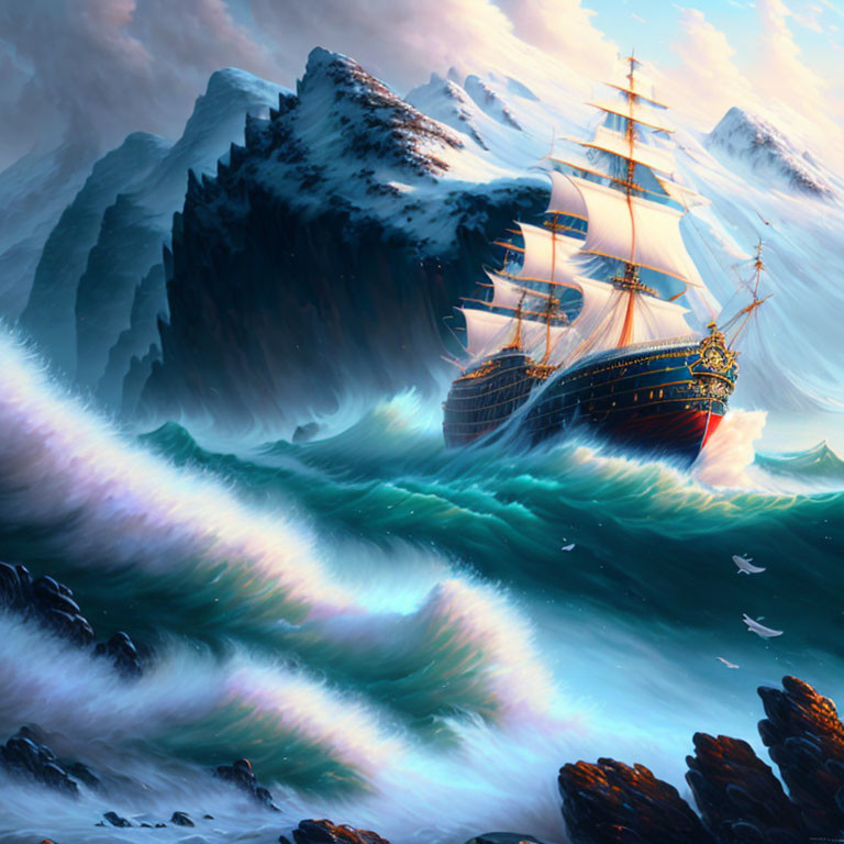 Sailing ship in stormy seas near snowy mountains under dramatic sky