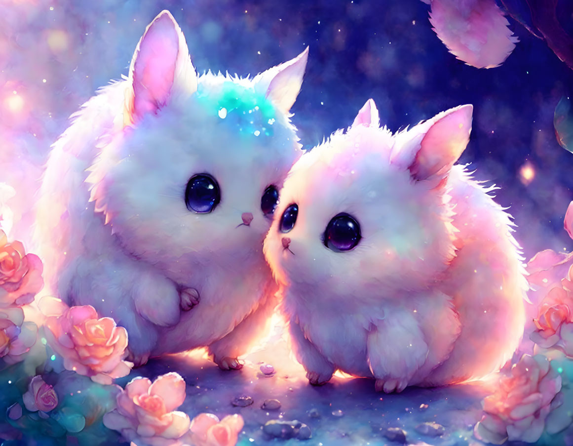 Fluffy fantastical creatures among pink flowers under starry sky